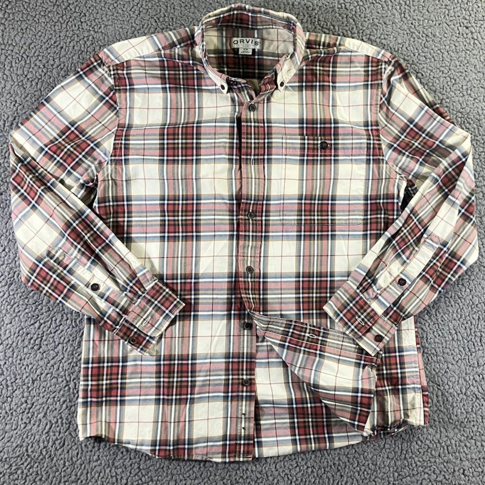 Orvis Classic Collection Mens Medium Plaid Button Down Shirt Cotton Red Blue Tan